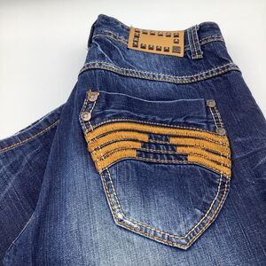 Kanji Mens Jeans Embroidered Back Pockets Size 34 x 32 (Actual 33 x 28)